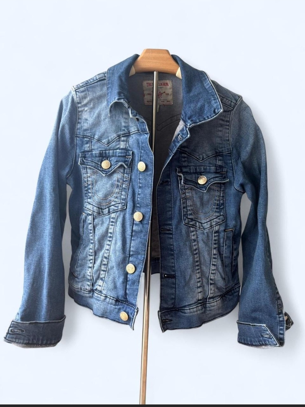 True Religion Light Blue Denim Jacket with Red Logo Stitching